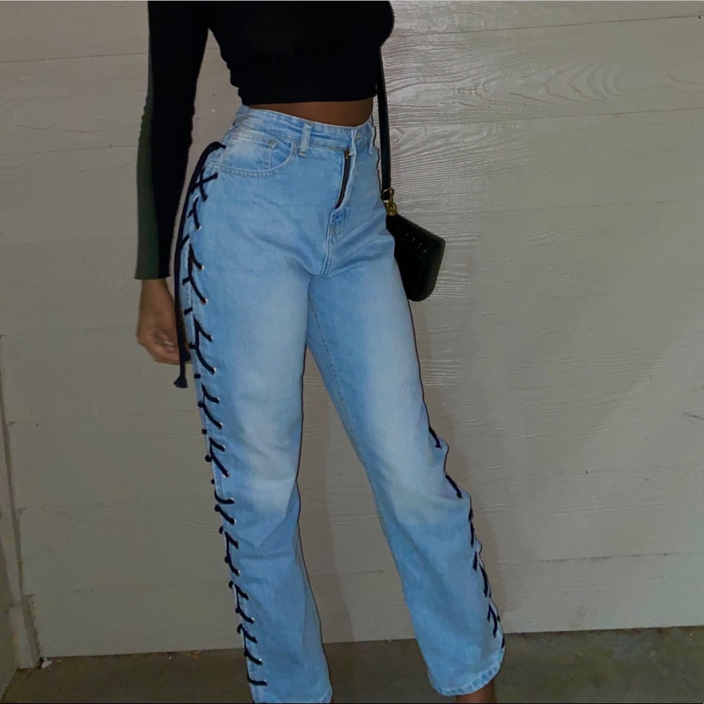 High Waist Lace Up Boyfriend Jeans